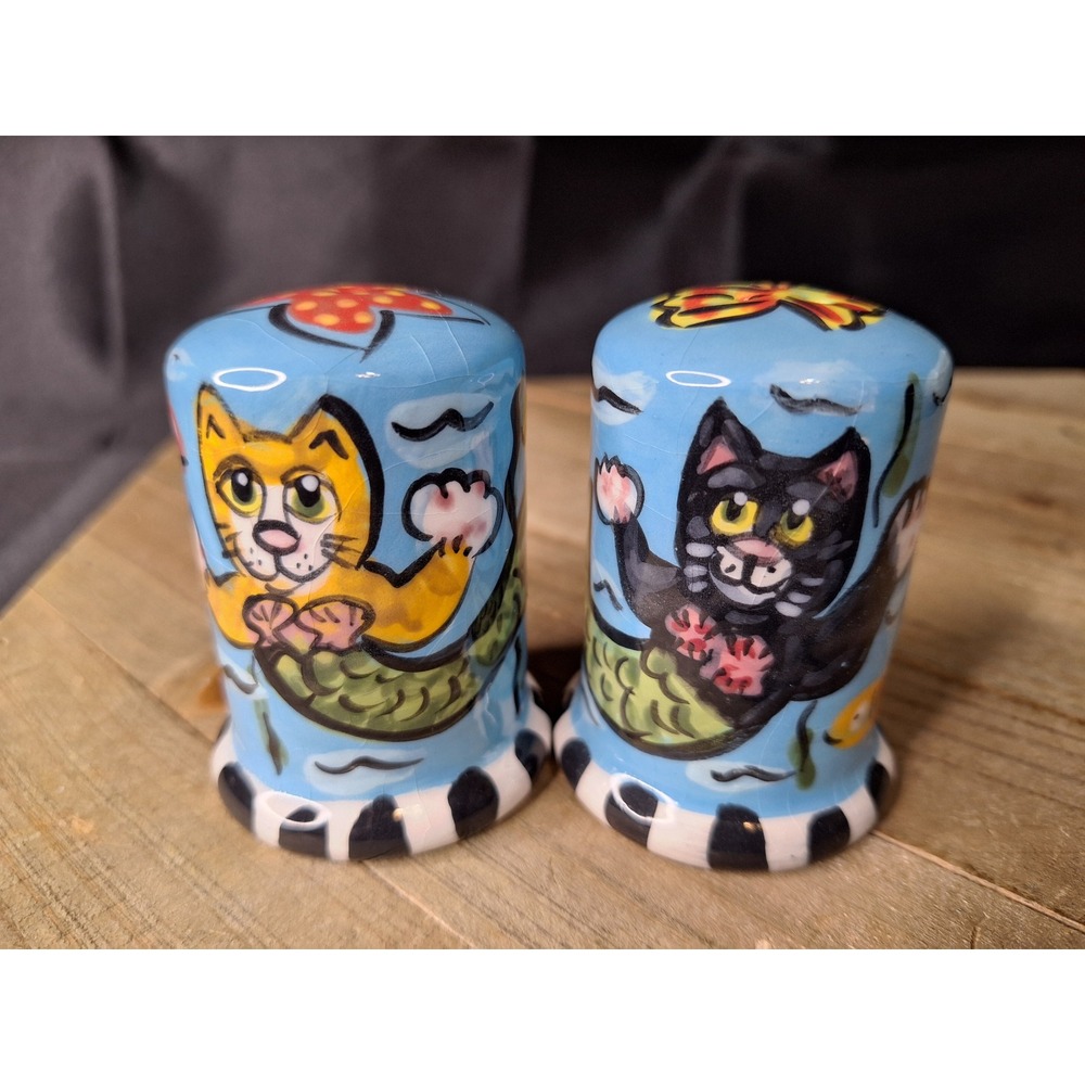 Hand Painted Ceramic Purrmaid Cat Mermaid Salt and Pepper Shakers Under the Sea
